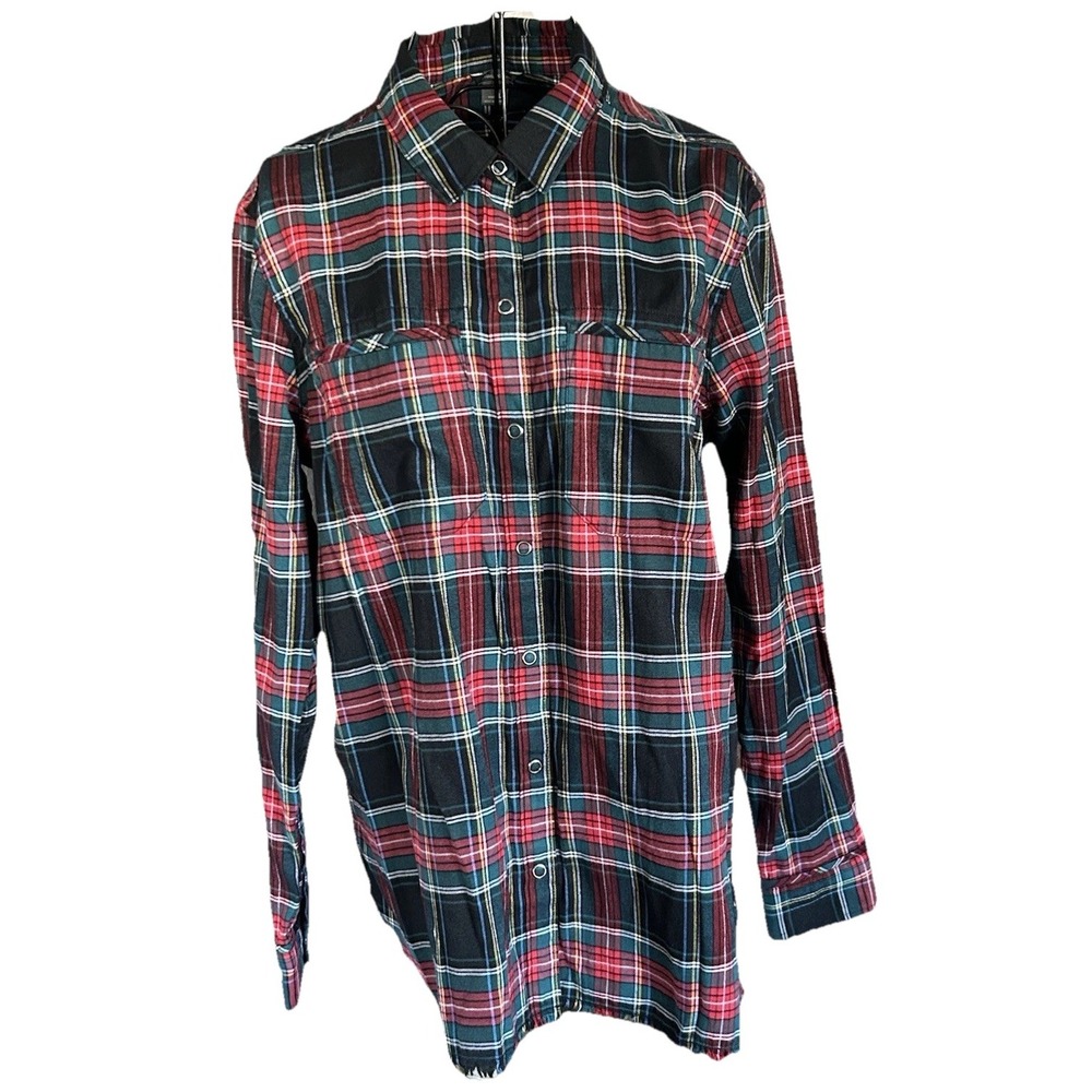 Eddie Bauer Women's Long Sleeve Fremont Flannel Frayed Hem Shirt Red‎ Green L